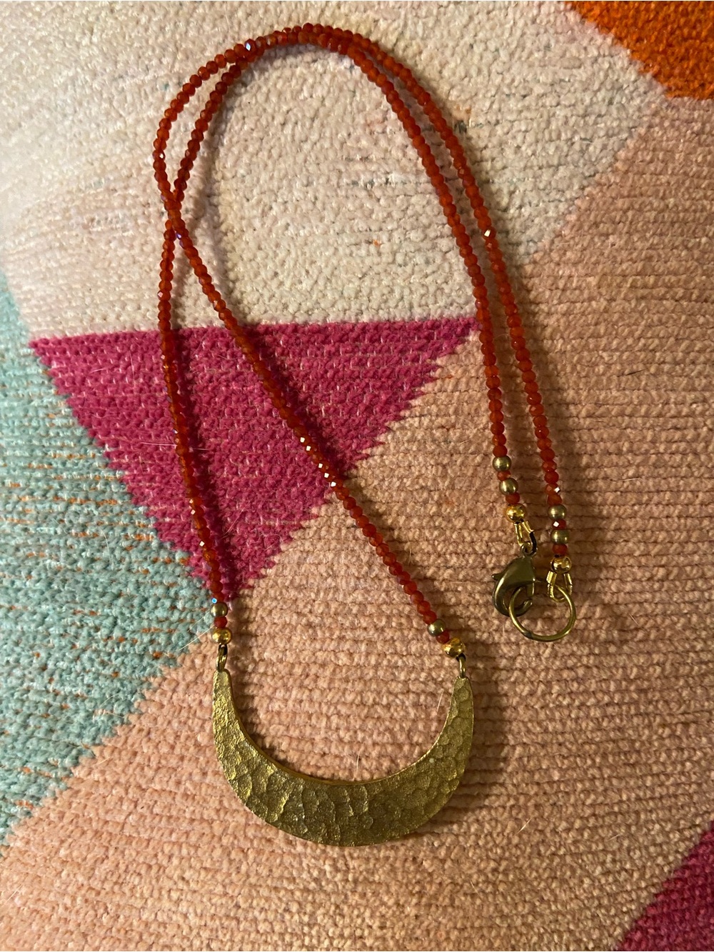 Gold Crescent Pendant Necklace with 2.5mm Carnelian Beaded Chain - Picture 8 of 8